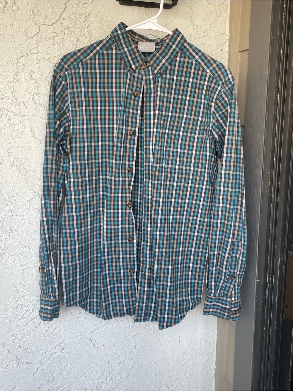 Columbia Teal, Brown and White Plaid Button-Down Shirt